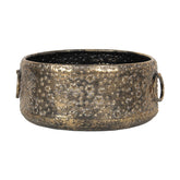 Kortárs stílusú, dombormintás felületű, antikolt aranyszínű, karácsonyi hangulatú fémkaspó